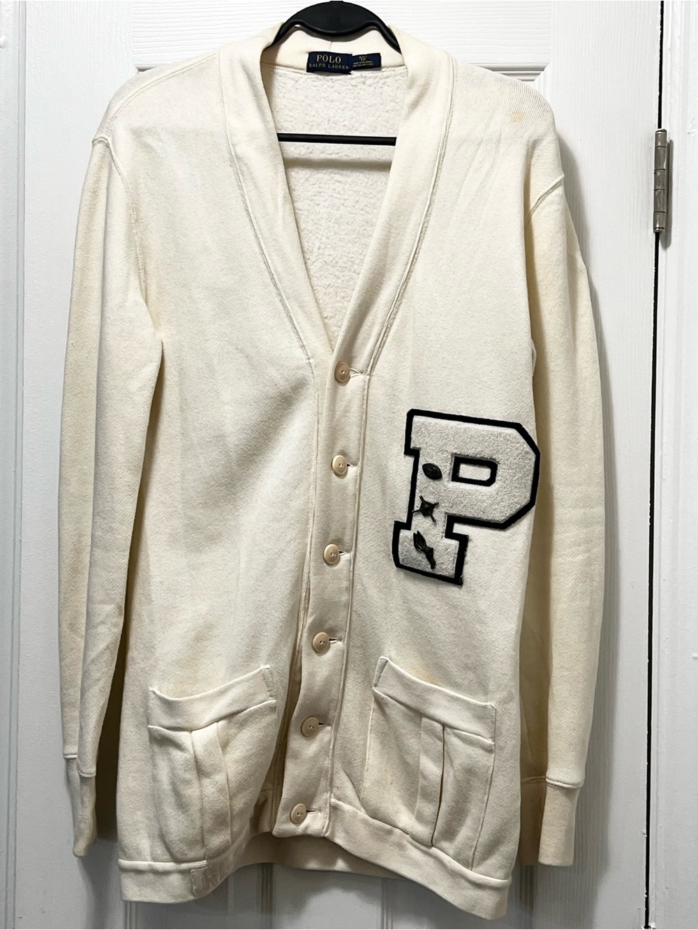 Polo by Ralph Lauren Cream Beige Cardigan with Black Letter P Patch